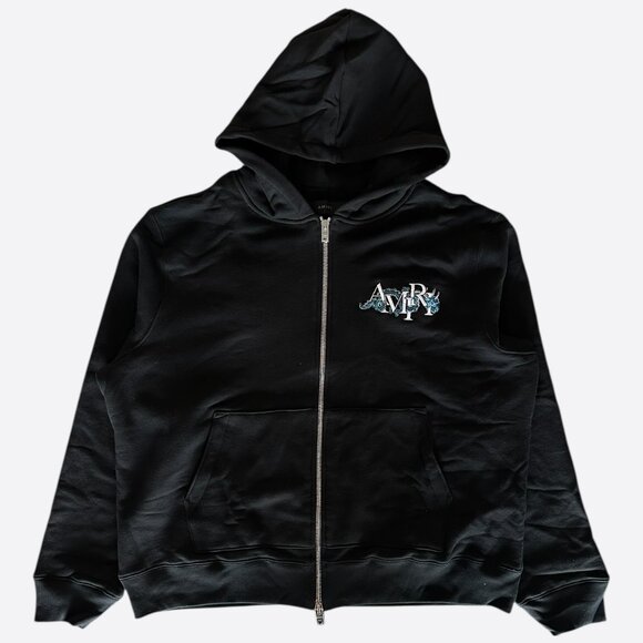 Amiri Black & White Embroidered Dragon Logo Zip Up Hoodie - Picture 1 of 4